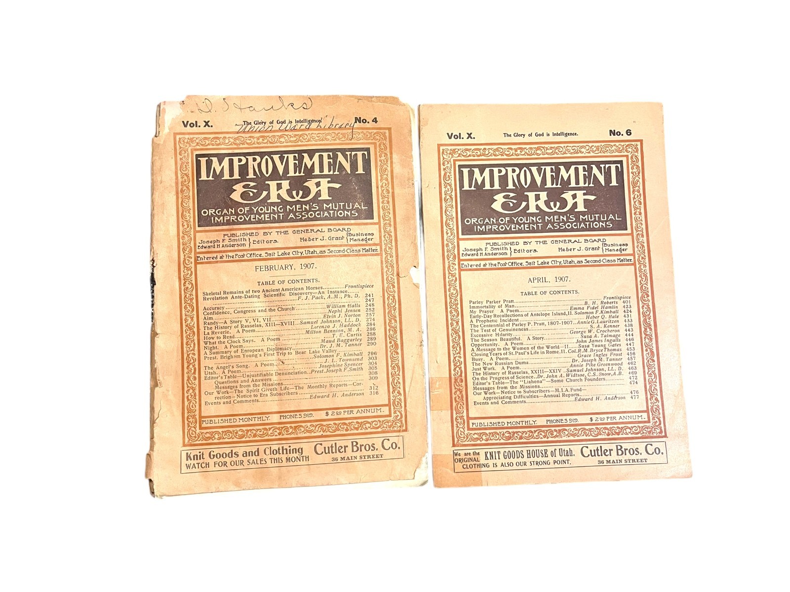 1907 Improvement Era LDS Mormon Magazine Lot 2 Issues Feb Apr Vol X Antique